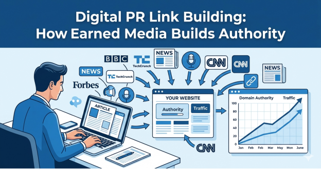 Digital PR link building showing earned media, backlinks, and authority growth from news sites | 10x Digital Marketing