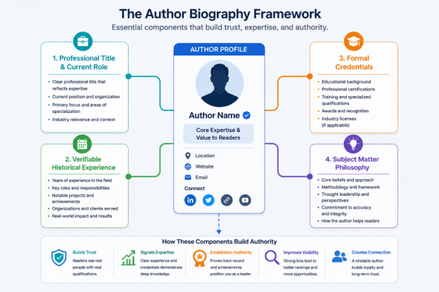 Author bio framework showcasing expertise, credentials, and trust signals | 10x Digital Marketing