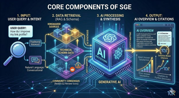 SGE process showing user intent, data retrieval, AI processing, and AI-generated search results | 10x Digital Marketing