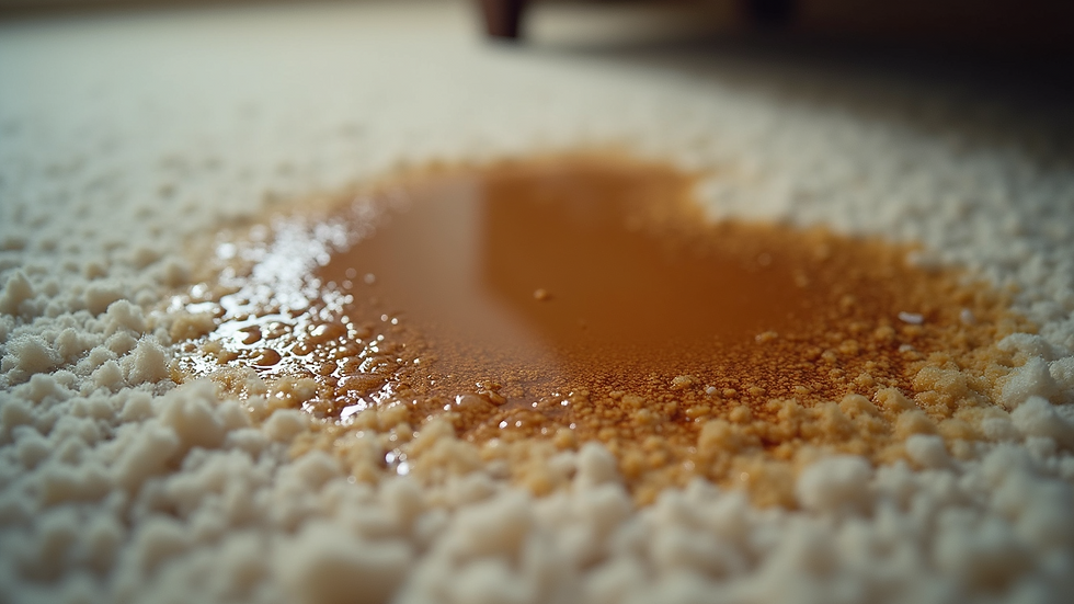 Close-up view of a stained carpet with a coffee spill