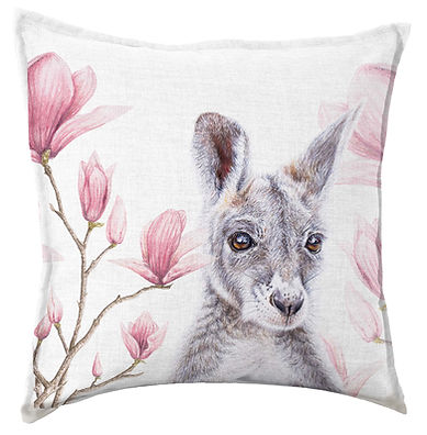 Kangaroo in magnolias mock up cushion.jpg