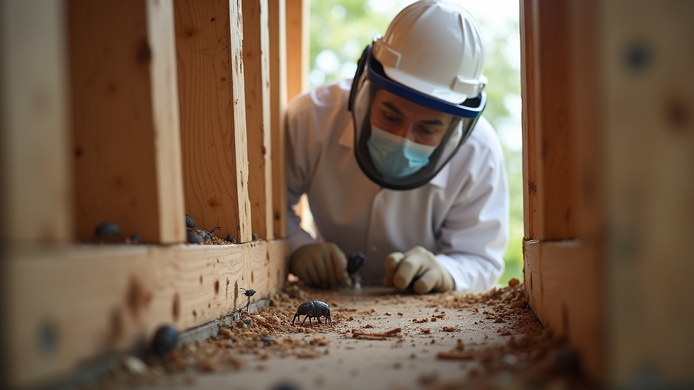 Eye-level view of pest control technician inspecting wooden structure