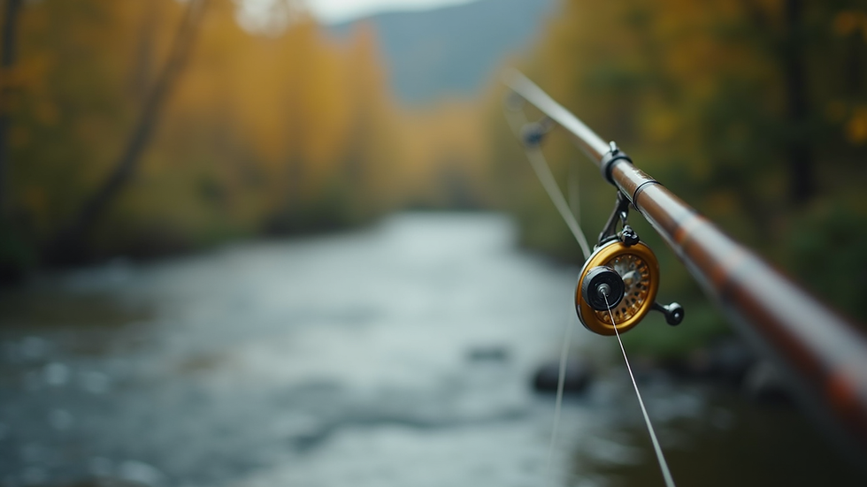 Close-up view of a fly fishing rod casting line over a river