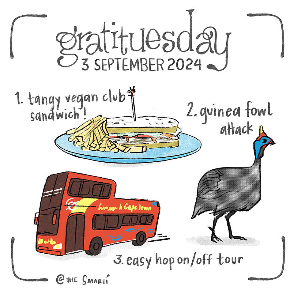 Gratituesday illustration of tour buses, vegan club sandwich and guinea fowls by Smarti.