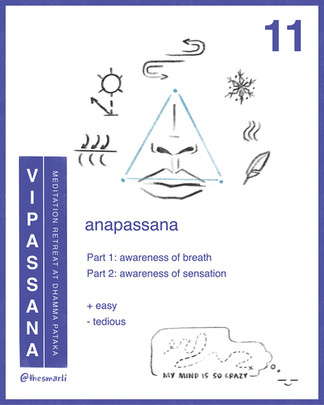 Illustration of the anapassana meditation technique focus of lips and nose with symbols of sensation encircling by Smarti.