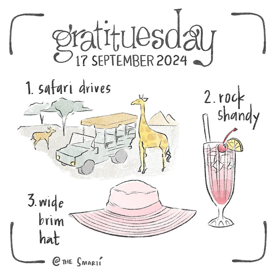 Gratituesday illustration of safari, wide brim hat and rock shandy by Smarti.