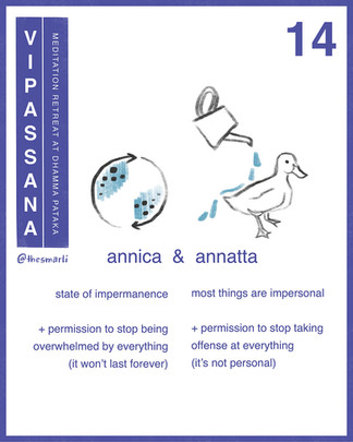 Illustration of a circle cycle in perpetual build up and release for the concept of annica alongside water can pouring water off a duck for the concept of annatta in vipassana meditation by Smarti.