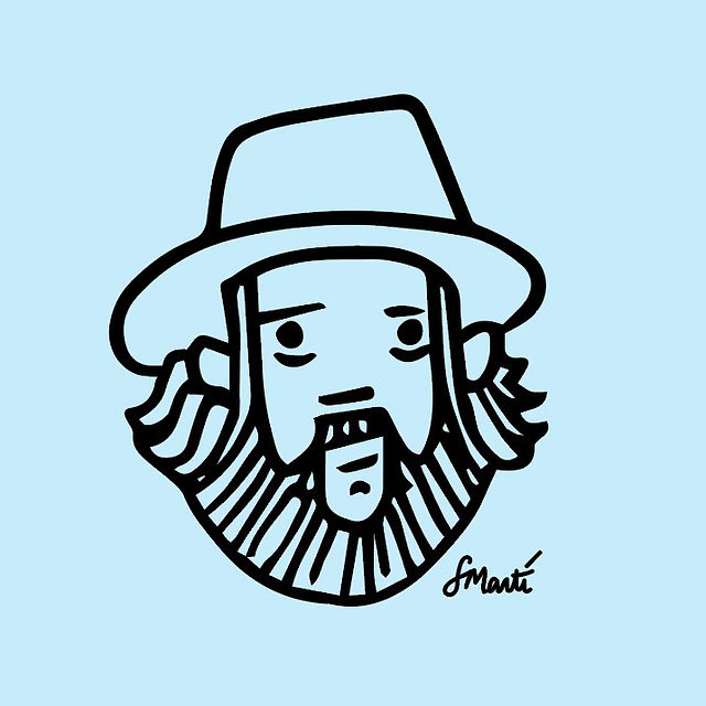 Graphic line sketch portrait of a man with beard and fedora by Smarti.