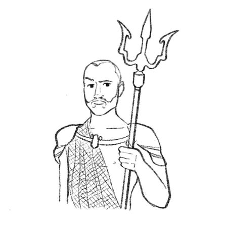 Hand-drawn sketch of greek god Poseidon with trident and netting and armor by Smarti who lives in Windhoek, Namibia.