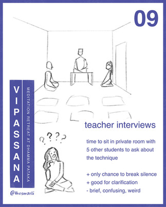 Illustration of teacher interview room and teacher on a platform during vipassana meditation retreat by Smarti.