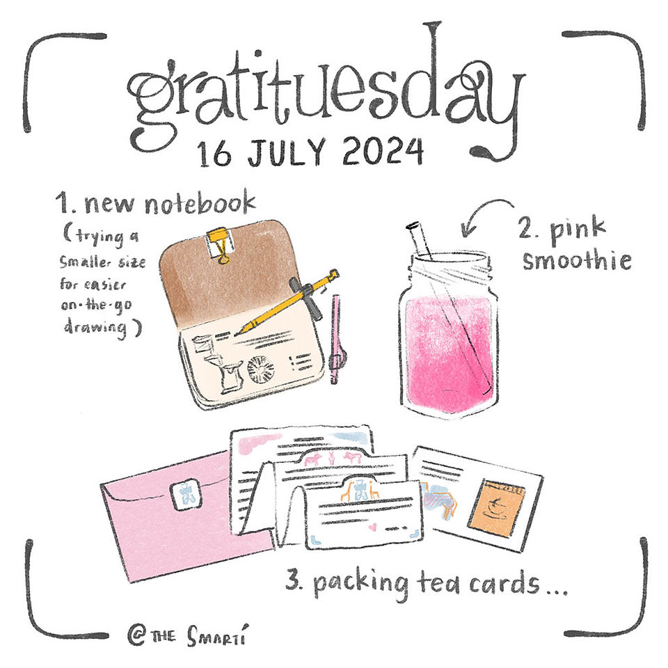 Gratituesday illustration of notebooks, snail mail and pink smoothie by Smarti.