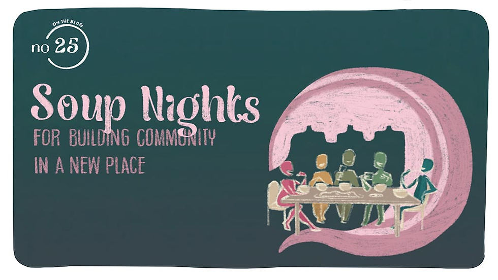 Illustration of a group of people eating a table under a pink ambient light under title "Soup Nights" by Smarti.
