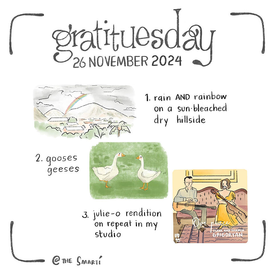 Gratituesday illustrations of rainbow, ducks, and orchestral song by Smarti.