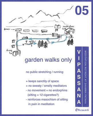 An illustration of the garden walking route at vipassana meditation retreat by Smarti.