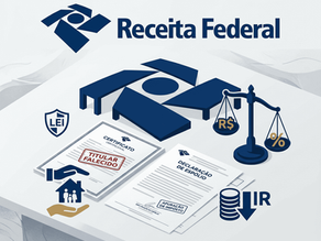 Logo da Receita Federal, papéis com "Titular Falecido", "Declaração de Espólio", balança com R$ e %, ícones de lei e imposto em fundo claro.
