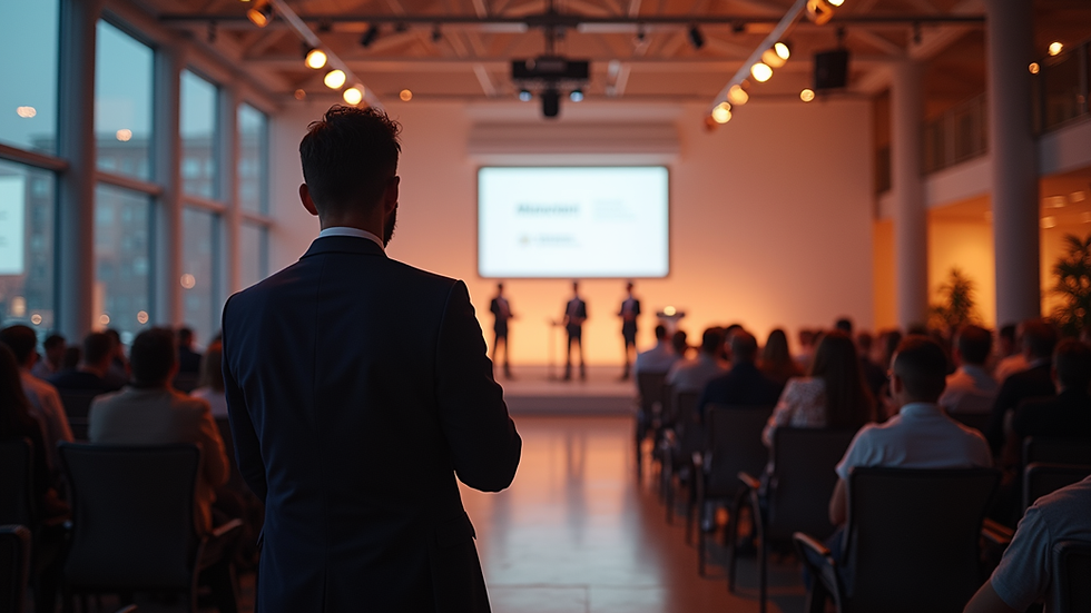 Eye-level view of a professional photographer capturing a corporate event in a modern venue