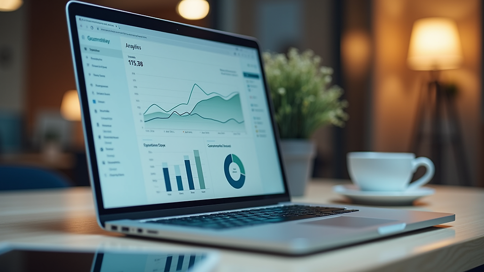 Eye-level view of a modern office desk with a laptop showing analytics dashboard
