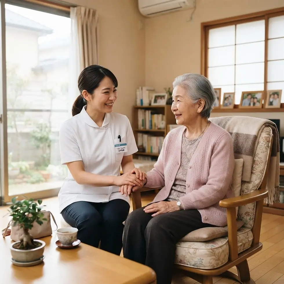 Lifestyle photography of a caregiver gently holding the hand of an elderly woman in a home setting. The warm and intimate scene conveys comfort and companionship.