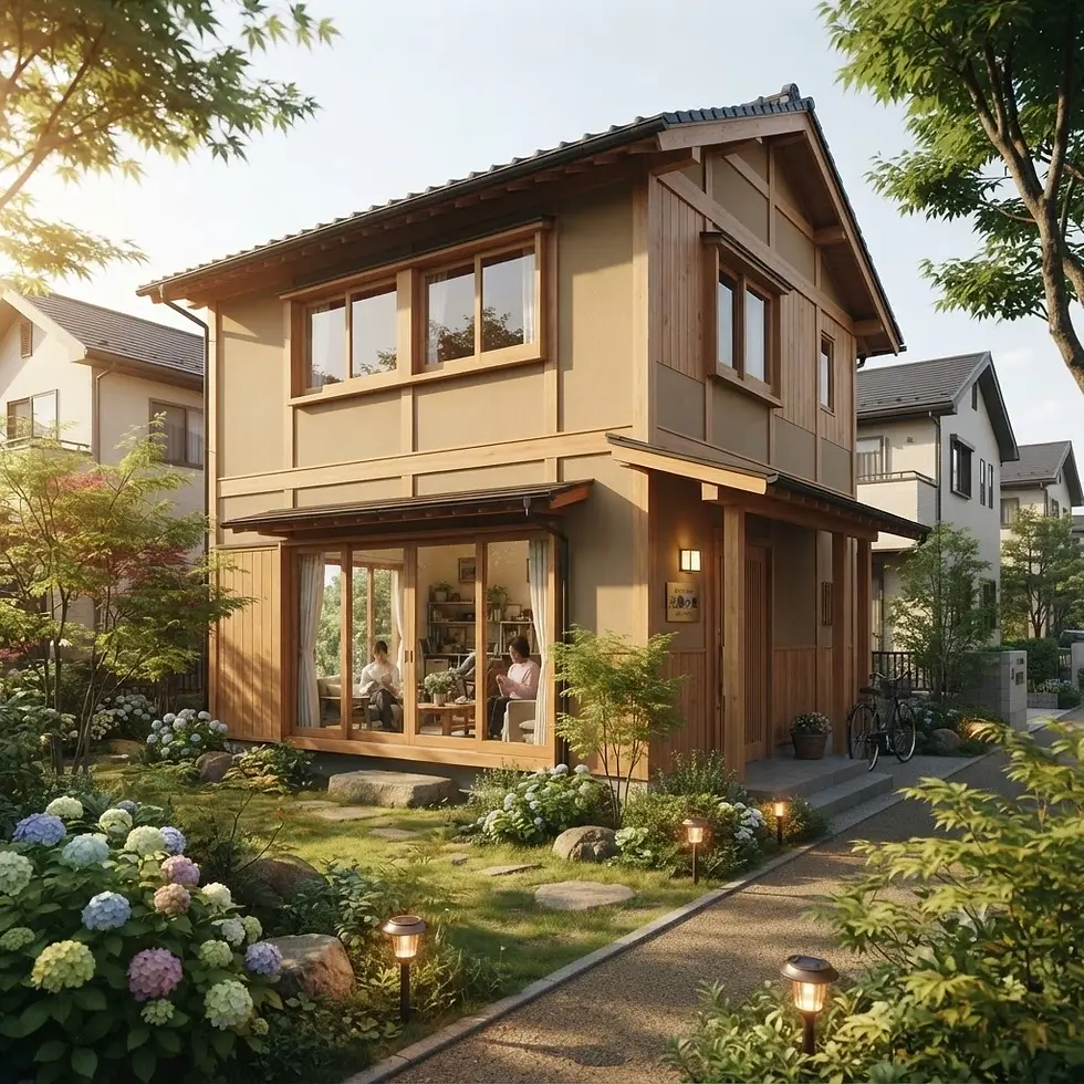 Digital illustration of a charming Japanese house with a lush garden in warm, soft light.