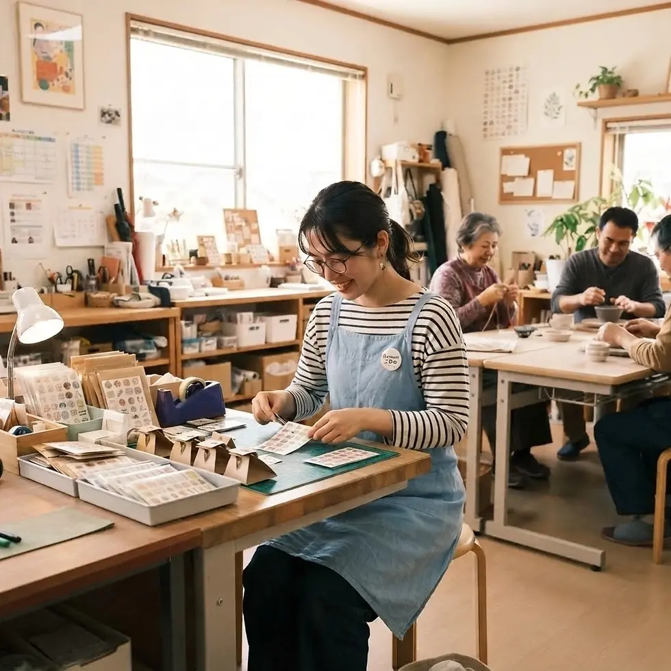 Lifestyle photography of people engaged in crafting within a bright, community workshop. A woman in the foreground is focused on her project alongside other participants.