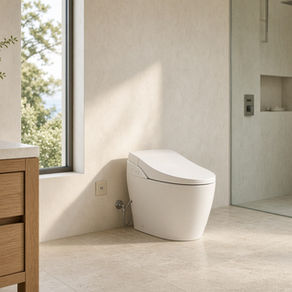Modern electronic bidet seat in a coastal California bathroom, the smart plumbing upgrade CF Plumbing uses in their own home