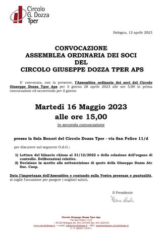 Assemblea ordinaria dei soci del Circolo Giuseppe Dozza Tper Aps