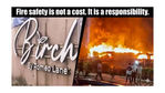 Birch by Romeo Lane sign; people watch large fire in distance. Text: Fire safety is not a cost. It is a responsibility.