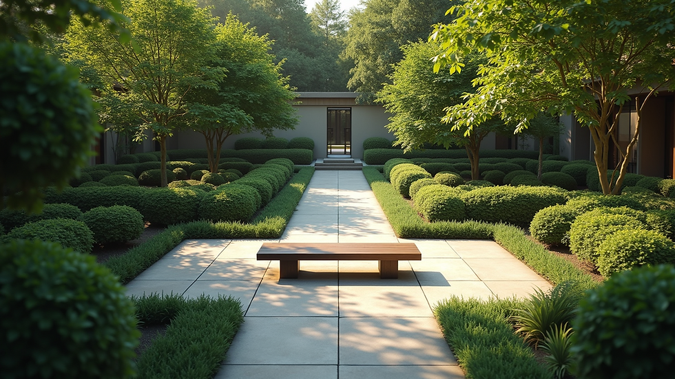 High angle view of a serene garden with meditation benches