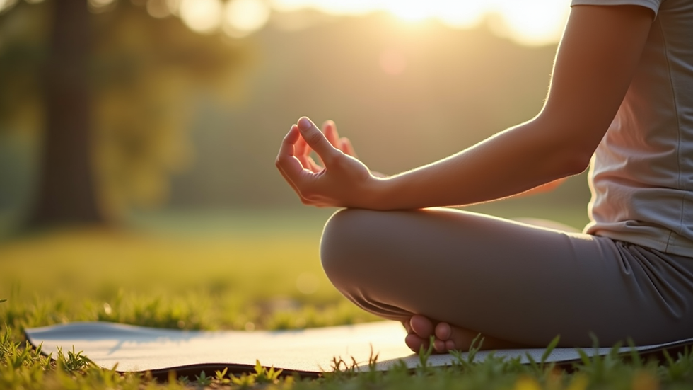 Close-up view of a person sitting cross-legged on a mat, practicing deep breathing outdoors