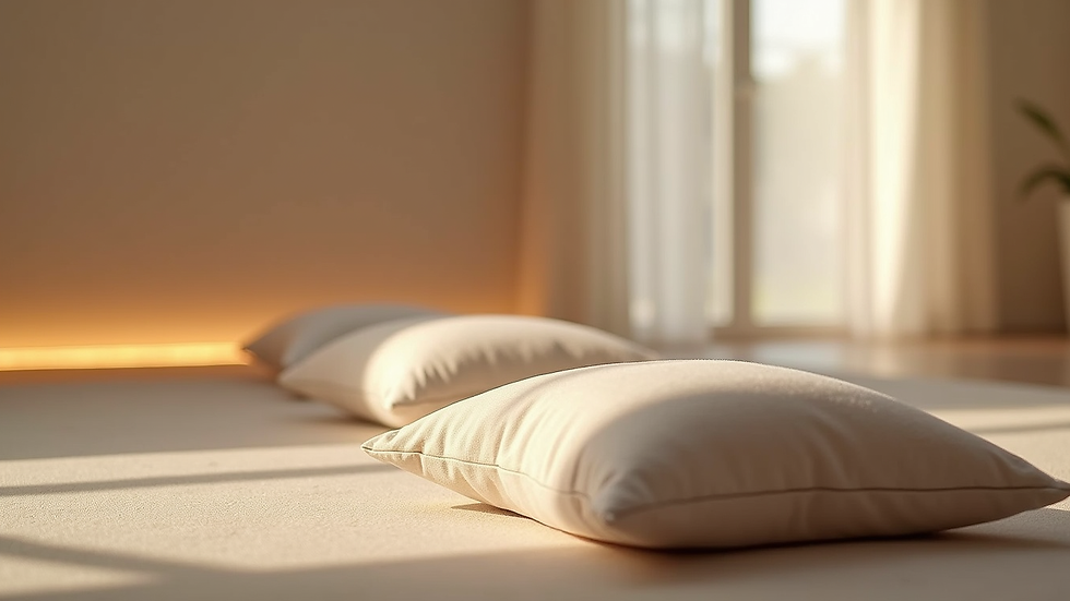 Close-up view of a calm indoor space set up for breathwork session with cushions and soft lighting