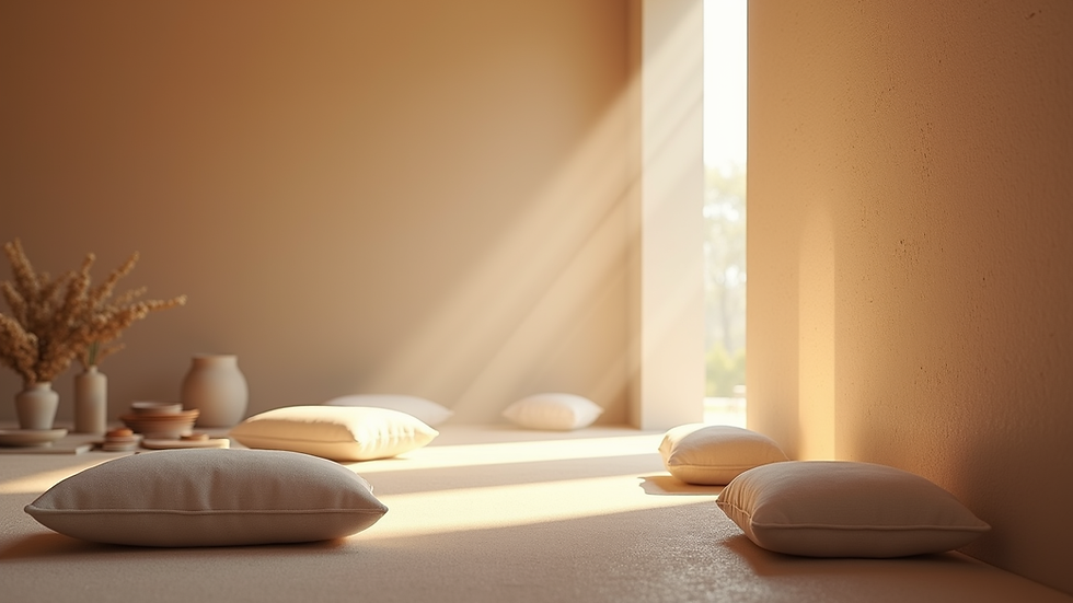 Eye-level view of a serene meditation space with cushions and soft lighting