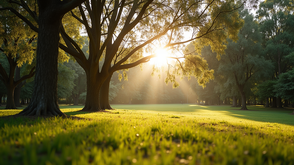 Eye-level view of a serene park in Brisbane with sunlight filtering through trees