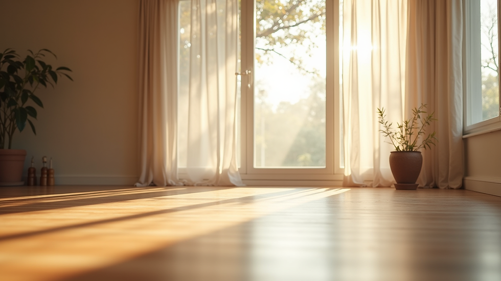 Eye-level view of a serene yoga studio with soft natural light