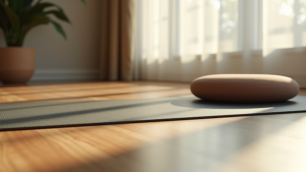 Close-up view of a yoga mat and a meditation cushion in a softly lit room