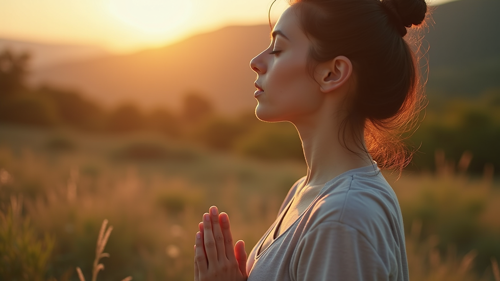 Close-up view of a person practicing diaphragmatic breathing outdoors