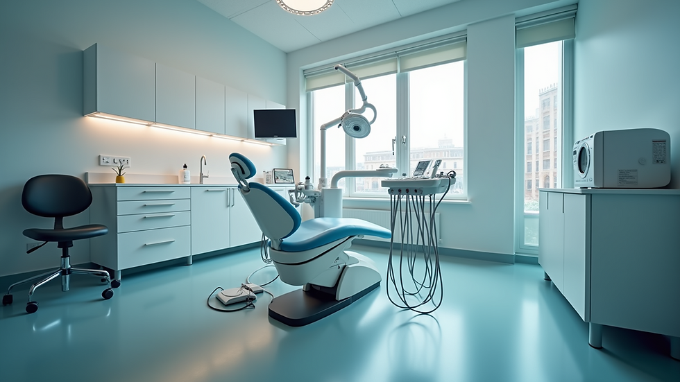 Eye-level view of a modern dental clinic treatment room with dental chair and equipment