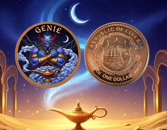 Liberia 5GII 新品未使用 Genie - 5oz .999 Copper In High Relief - 1$ Liberia 2026 | Gold