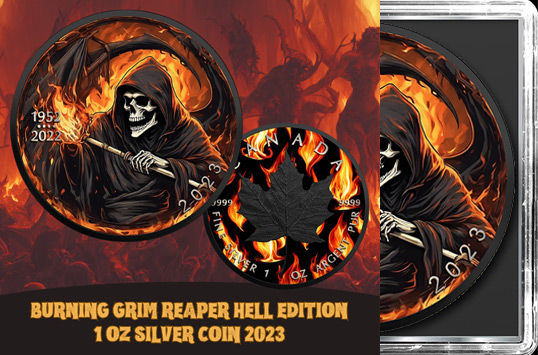 Miniature : GRIM REAPER Hell Edition Maple Leaf 1 Oz Silver oin 5$ Canada 2023