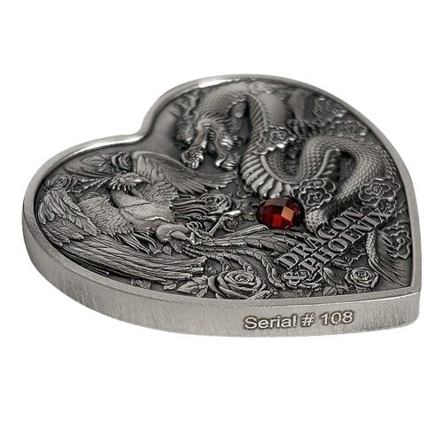 Miniatura: Dragon & Phoenix Heart Shaped 1 oz Silver Coin 5000 Francs CFA Chad 2024