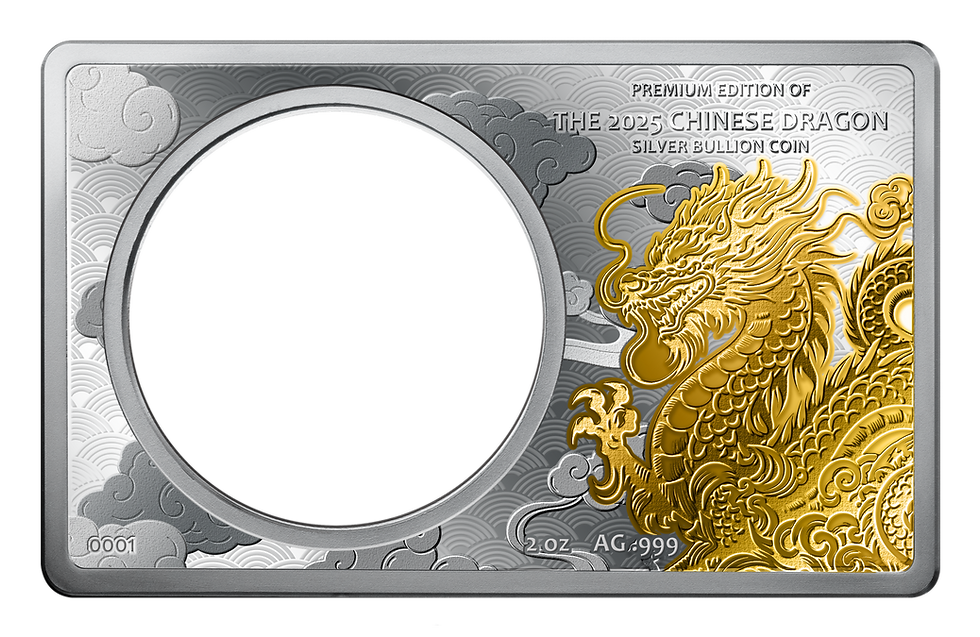 Miniatura: 2025 CHINESE BULLION DRAGON COIN IN BAR 2 + 1oz Silver Premium Gold Glided Set