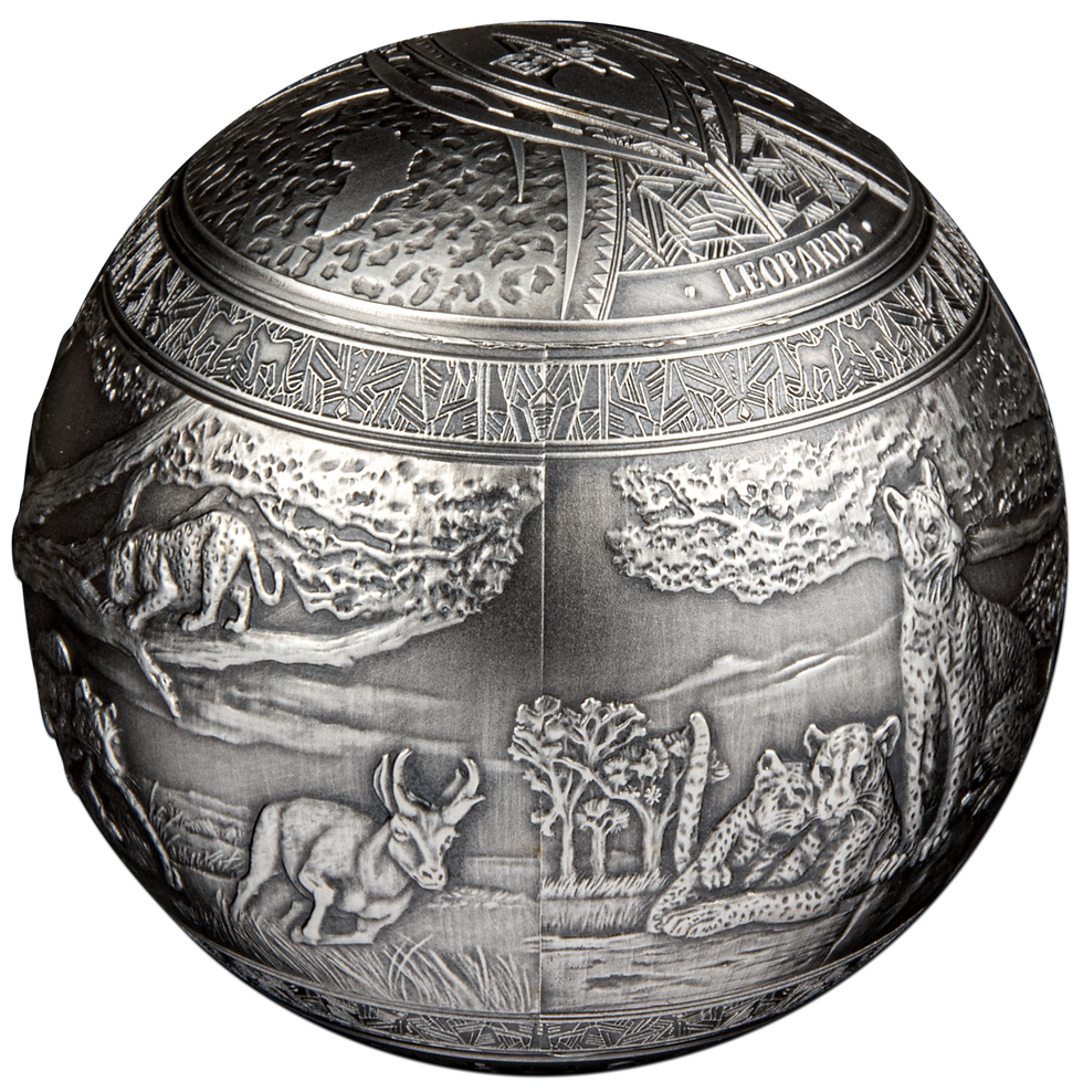 Miniatura: BIG FIVE LEOPARD Spherical 1 Kg Kilo Silver Coin 1000 Francs Djibouti 2023