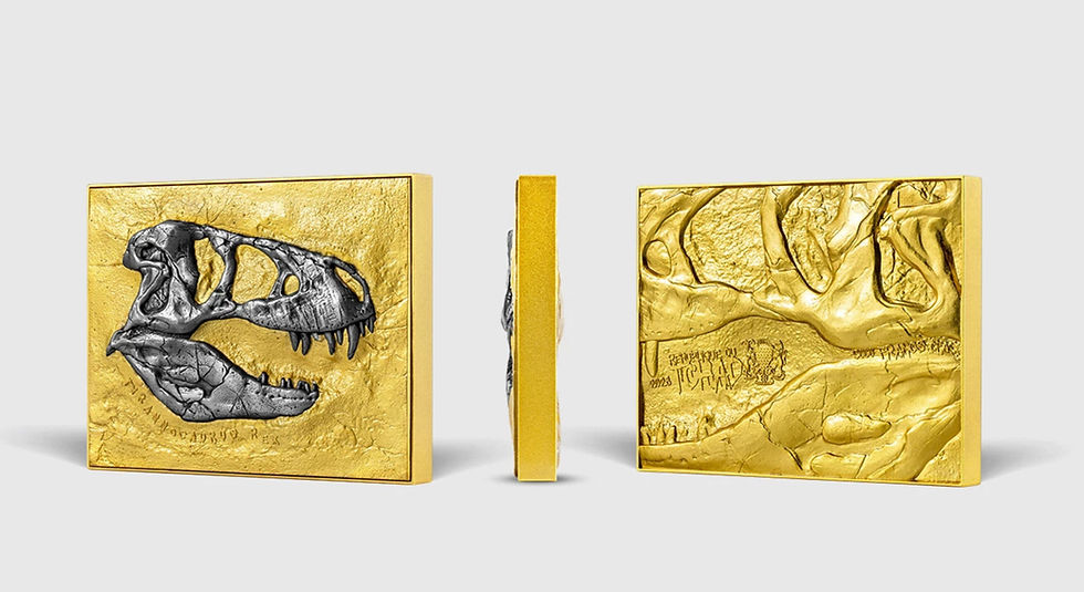 Miniaturbild: Tyrannosaurus Rex Fossil 1 oz 999 Fine Silver Coin – Chad 2023 – Gold Plated