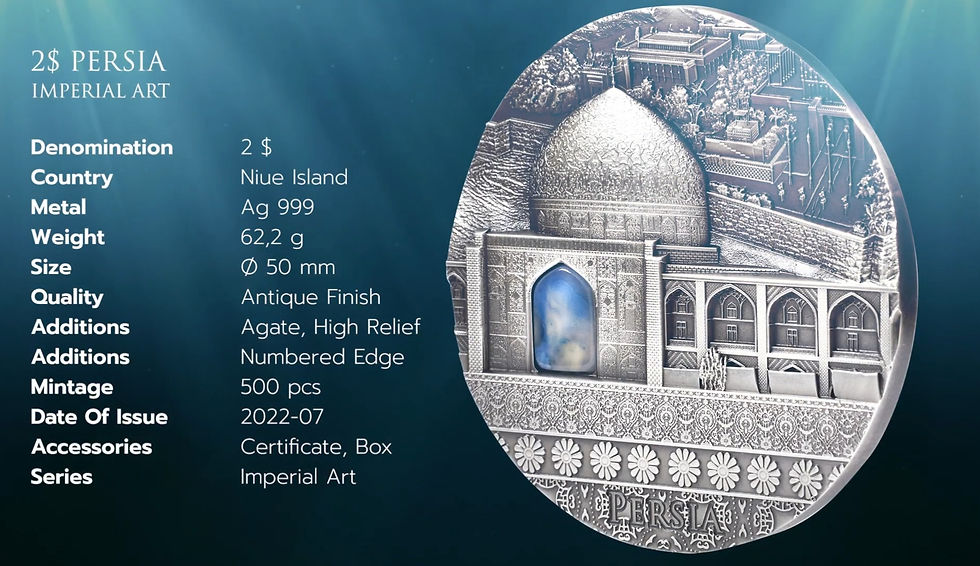 Miniatura: PERSIA - IMPERIAL ART 2oz .999 High Relief Silver With Agate insert $2 Niue 2022