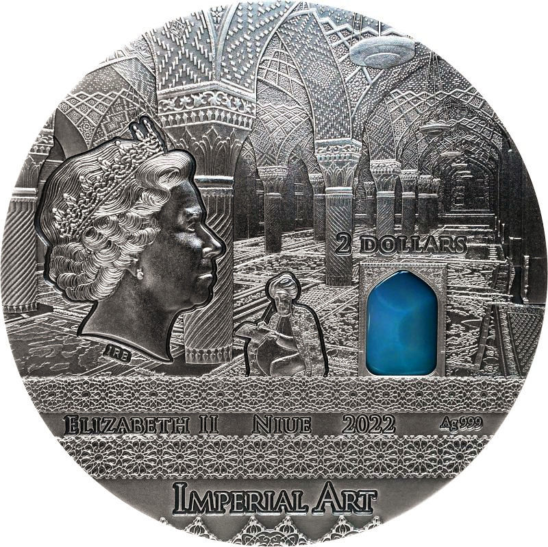 Miniatura: PERSIA - IMPERIAL ART 2oz .999 High Relief Silver With Agate insert $2 Niue 2022