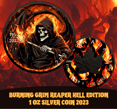 Miniature : GRIM REAPER Hell Edition Maple Leaf 1 Oz Silver oin 5$ Canada 2023