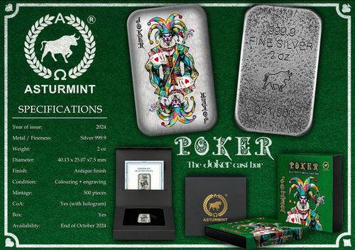2024 - The Joker - Poker Cards - 2 oz 999.9 silver cast bar | Gold
