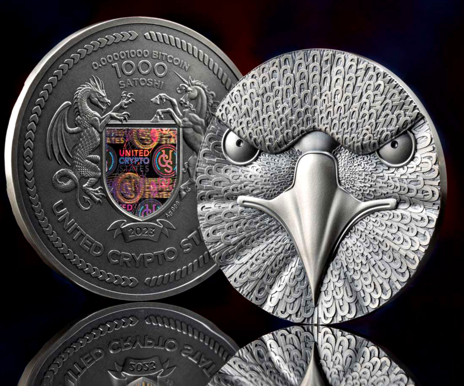 Binary Eagle Binary World 2 oz Antique finish Silver Coin 1000 Satoshi 2023