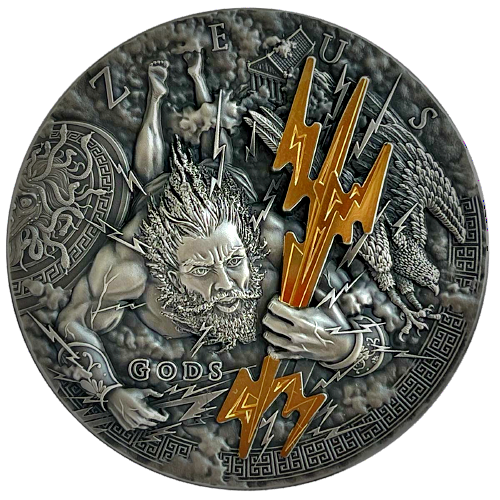 Thumbnail: ZEUS GREEK GODS 2 oz .999 Silver Coin – Antique Finish 24K Gold Gilding 2021
