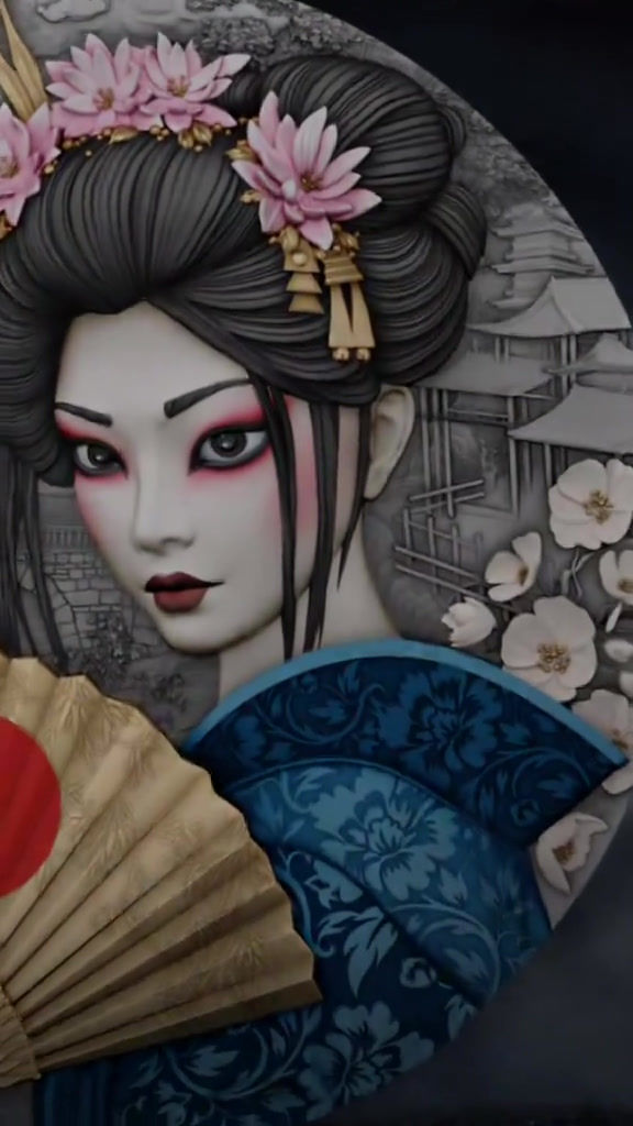 Miniatura: GEISHA - Whispers of Grace - 2 Oz .999 High Relief Silver Coin - 5$ Niue 2025