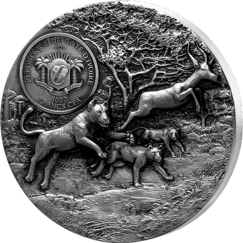 Miniature : PREDATORS Lion 3 oz .999 Silver High Relief P.Degreef Ivory Coast 2023